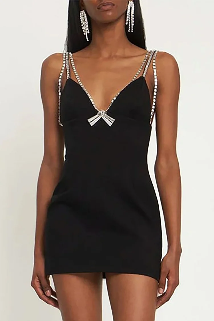 Deep V Neck Rhinestone Bow Decor Chain Cami Slim Fit Cocktail Party Mini Dresses