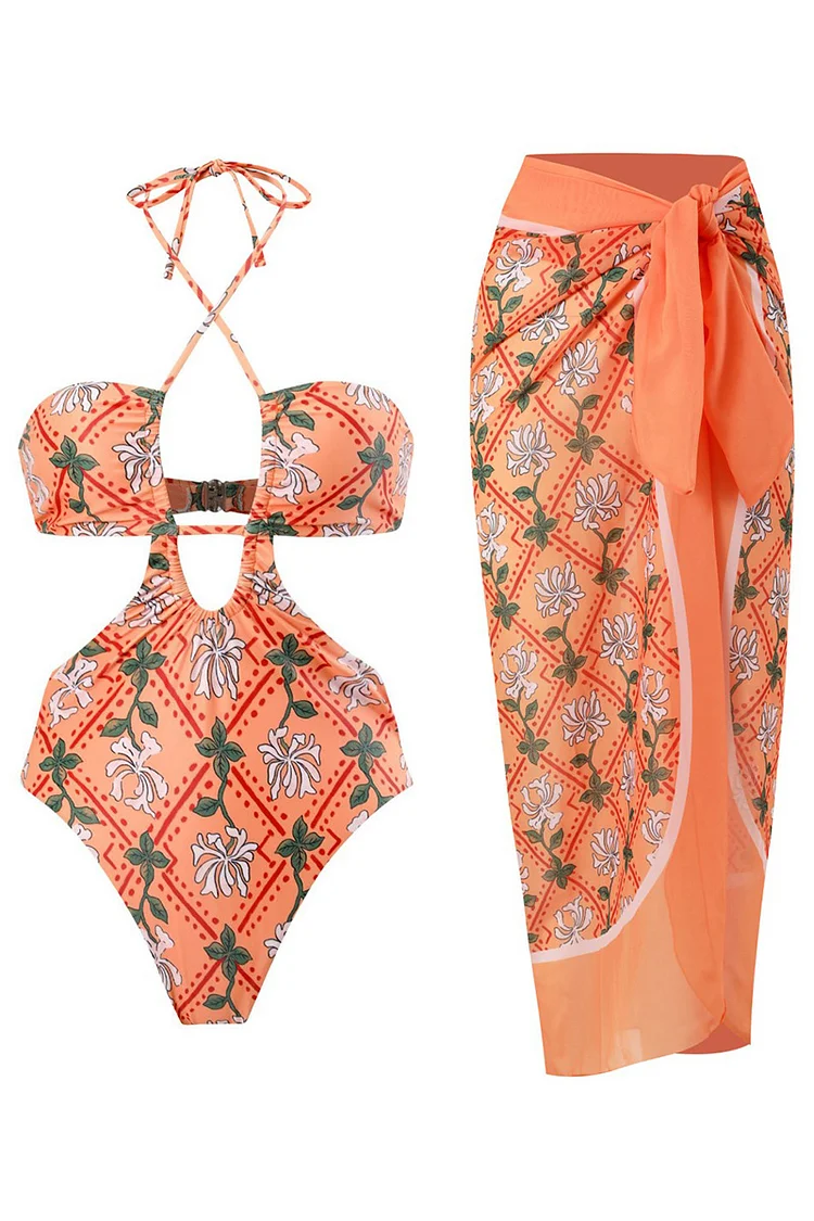 1950s Orange Red Floral Print Halter Hollow Out Two Pieces Swimsuit Set