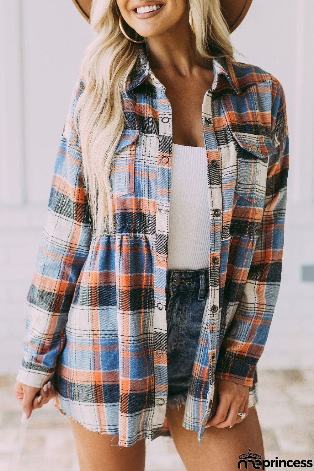 color Plaid Button Down Ruffled Shirt Jacket