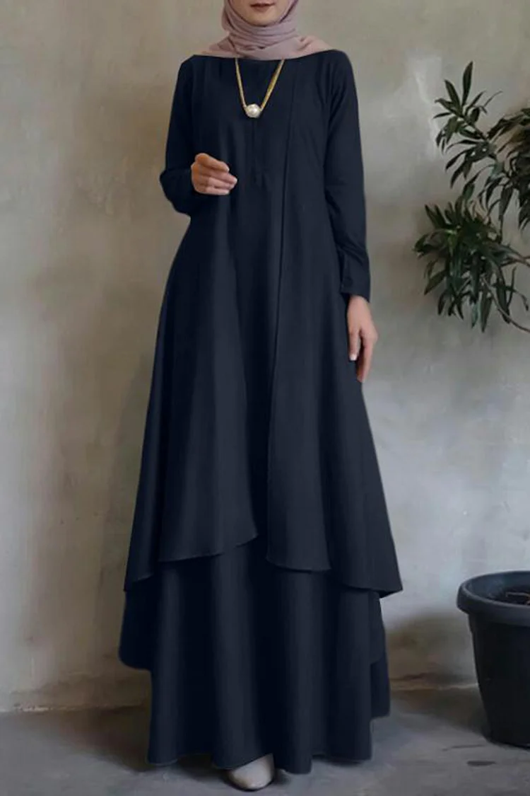 Crew Neck Solid Long Sleeve Lace-Up Layered Maxi Dress