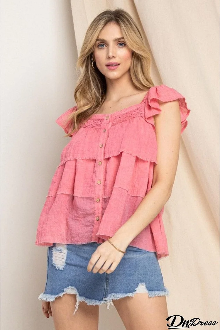 ODDI Full Size Buttoned Ruffled Top