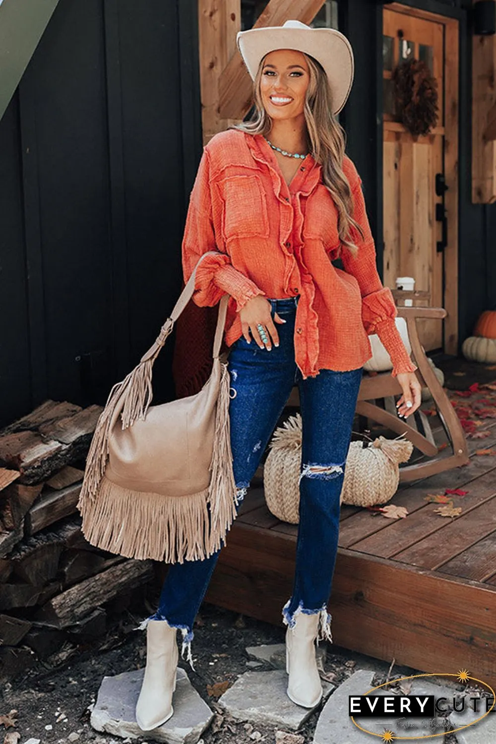 Orange Ruffled Shirred Waffle Knit Pocketed Long Sleeve Shirt