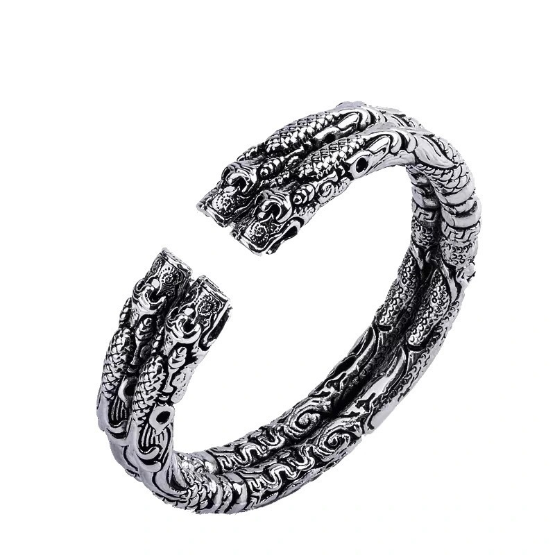 925 Silver Double Tap Retro Open Couple Bracelet
