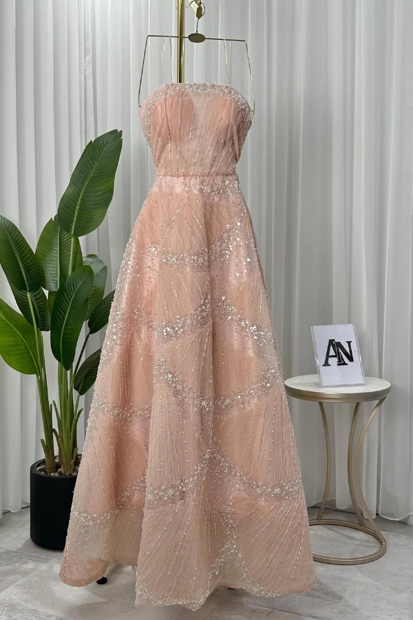 Ovlias Blushing Pink Spaghetti Strap Prom Dress Floor Length Sheer with Beaded JQ0044