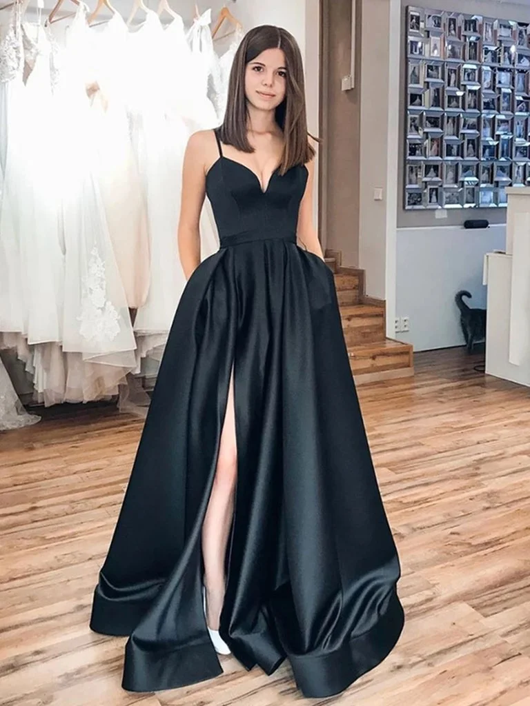 Sweetheart Satin Black Prom Evening Gown with Pockets 