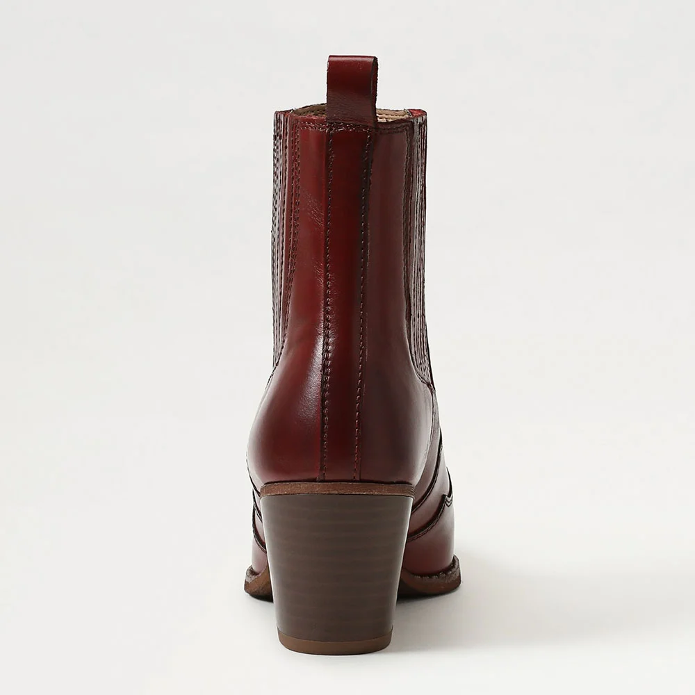 Maroon Pointed Toe Pull On Short Cowboy Boots for Women with Stitching