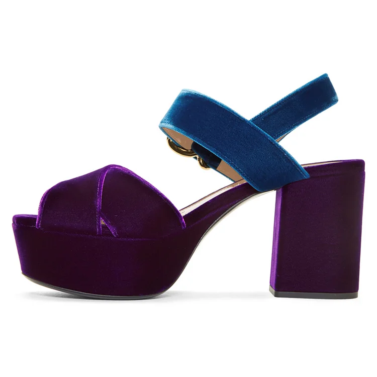 Blue and Purple Block Heel Sandals Open Toe Platform Sandals |FSJ Shoes