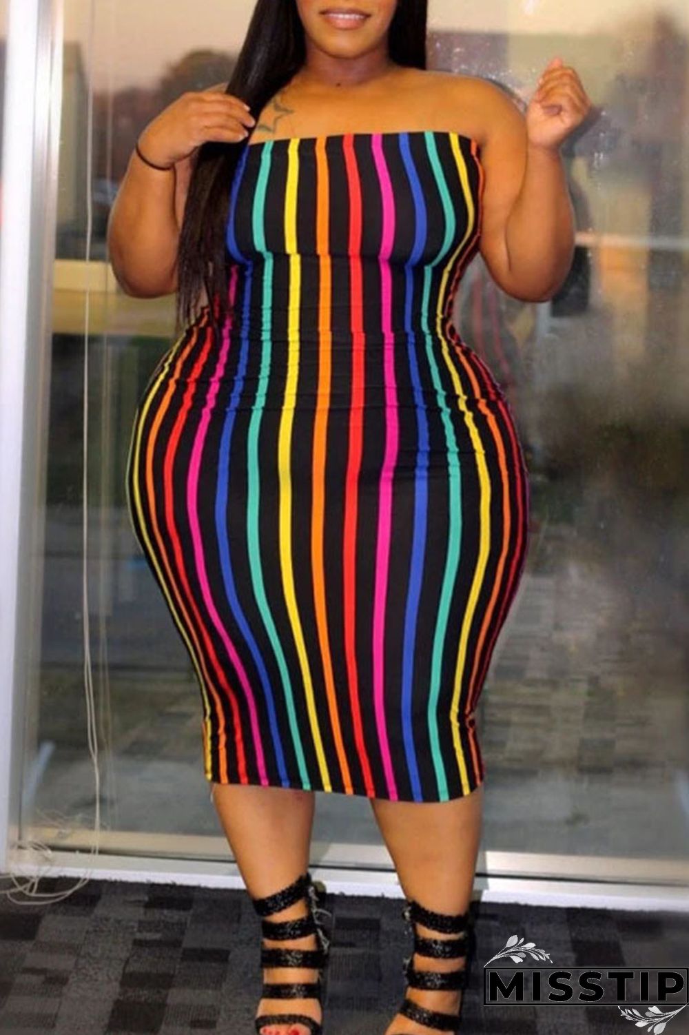 Cream White Casual Striped Backless Contrast Strapless Strapless Dress Plus Size Dresses