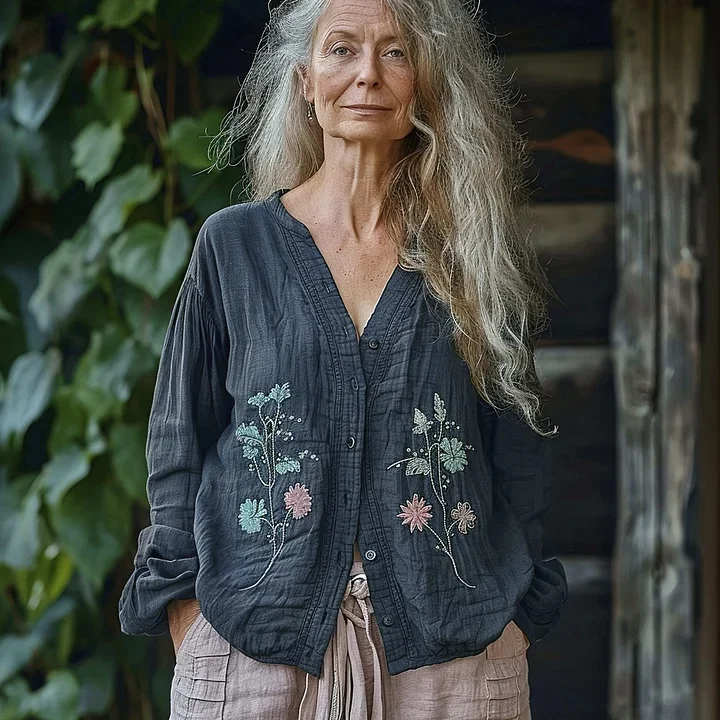 Bohemian Style Linen Floral Art Print Long Sleeve Loose  Shirt