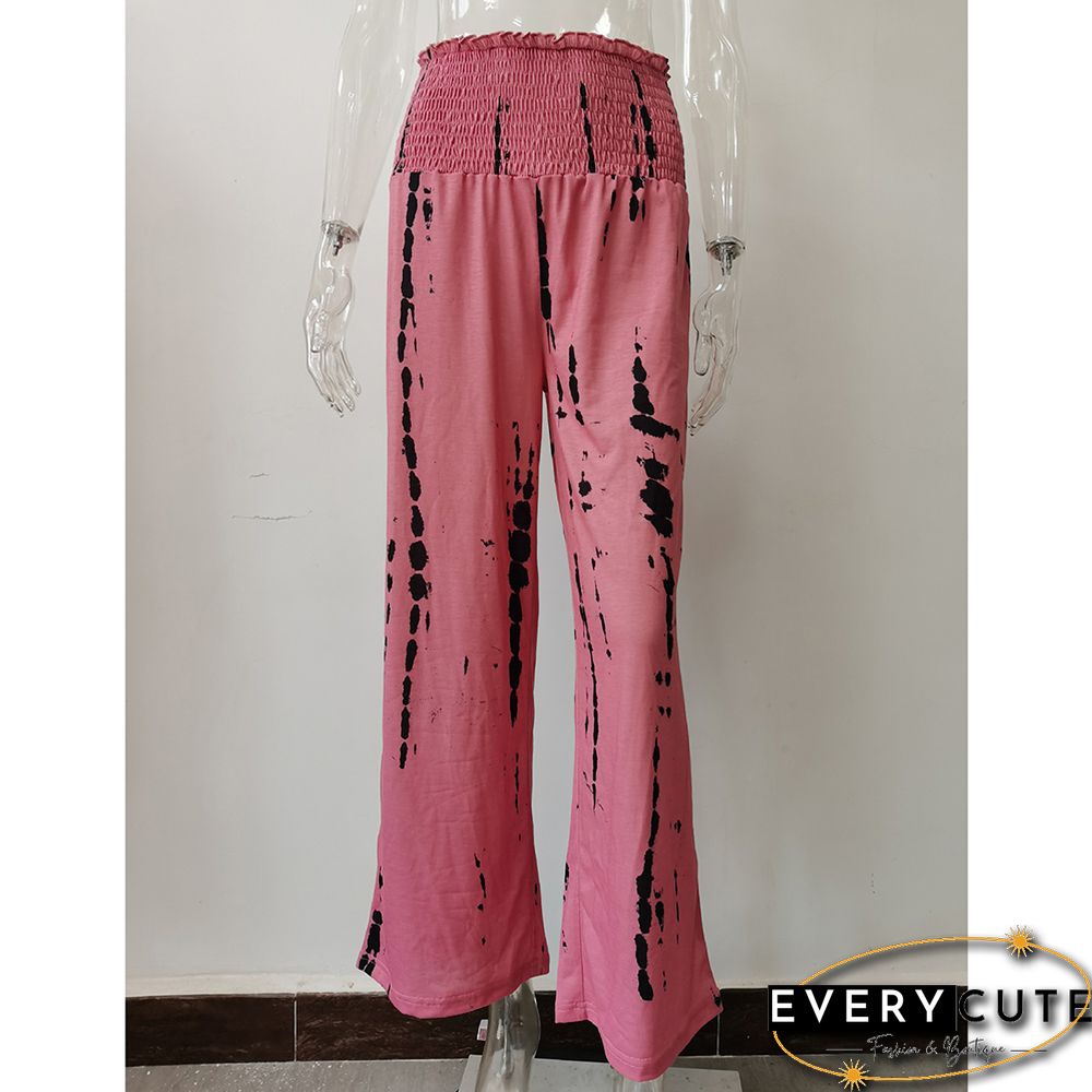 Pink Printed Pocketed High Waist Wide Leg Pants