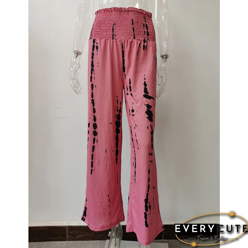 Pink Printed Pocketed High Waist Wide Leg Pants