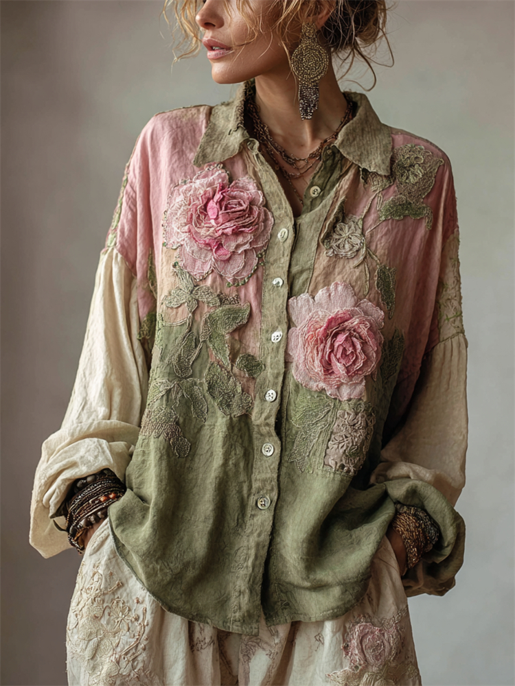 Rózsaszín Rózsaszín Szálművészeti Boho Patchwork Árnyalt Len Blúz