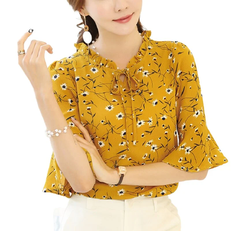 Blusas Plus Size Fashion Women Tops and Blouses 2021 summer Lady Tops Chiffon Blouse Floral Print Bow Neck Shirt Short Sleeve