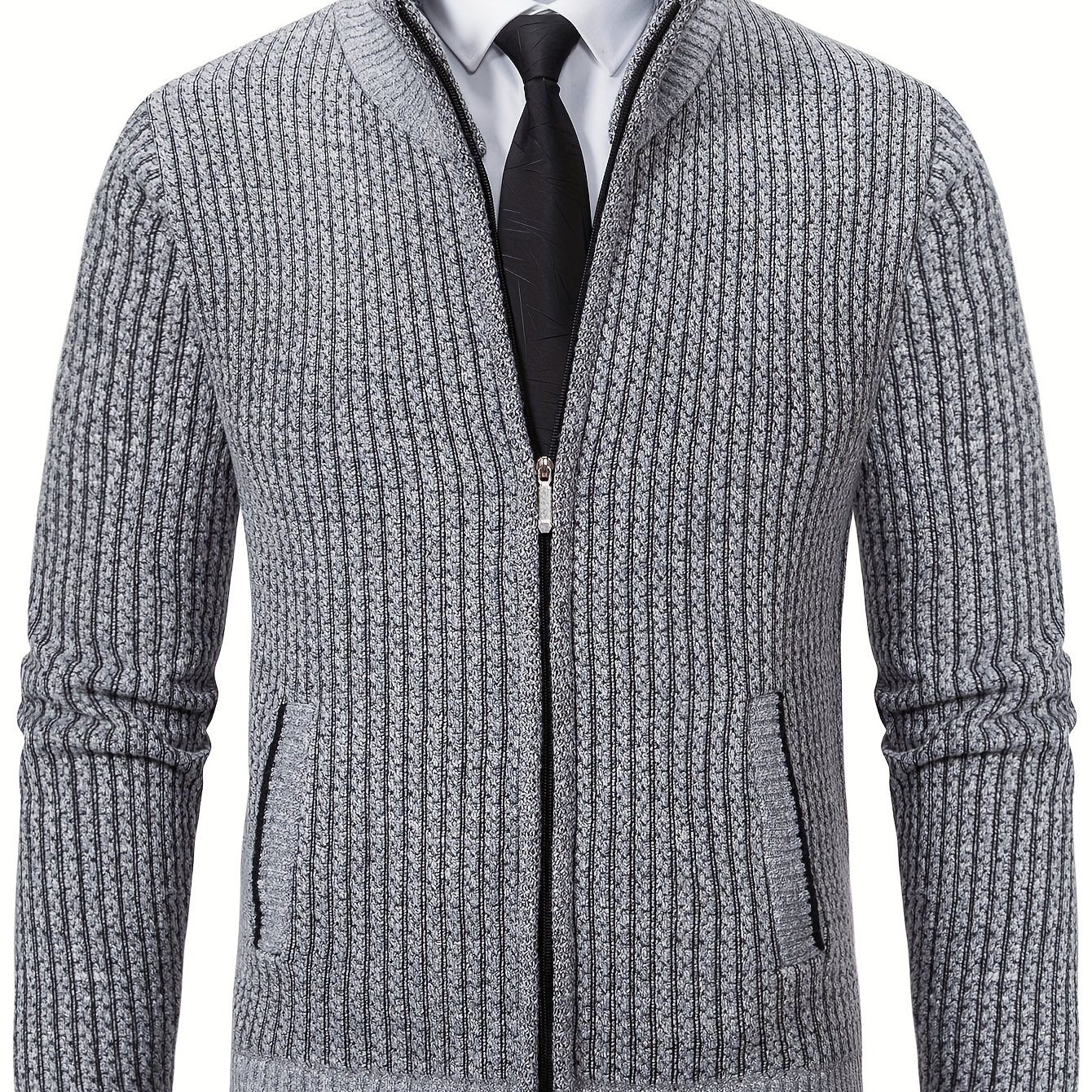 Men's Warm Herringbone Pattern Knitted Cardigan Jacket, Casual Stand Collar Stretch Jacket For Fall Winter
