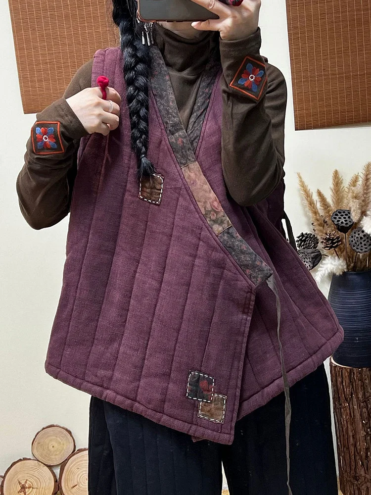 Women Winter Ethnic Style Patch Loose Belt V-Neck Vest