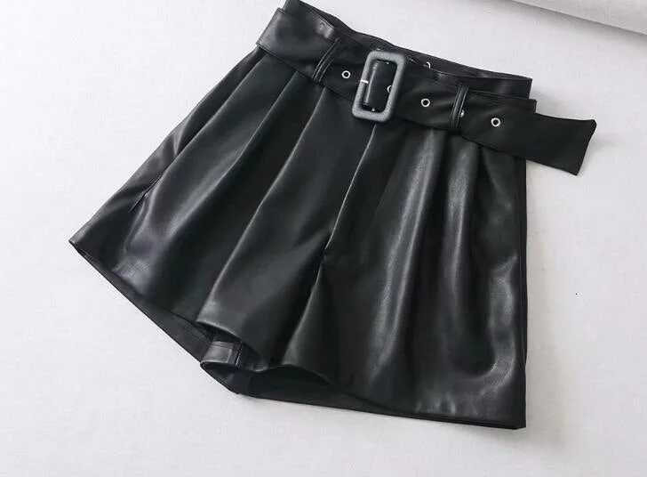 2020 Winter New Women Orange Color PU Bermuda Shorts Faux Leather Belted Shorts