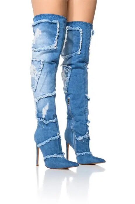 Denim Knee High Boots Women Slim Heels High Heels Jeans Boots Pointed Toe Thin Heels Women's Boots 44