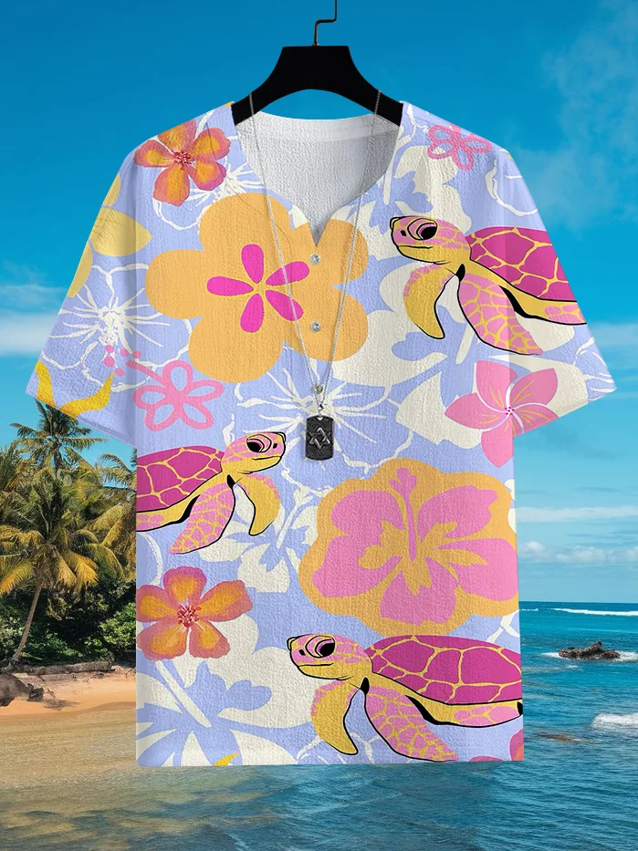 Men's Floral Turtle Print Hawaii Half Button Shirt