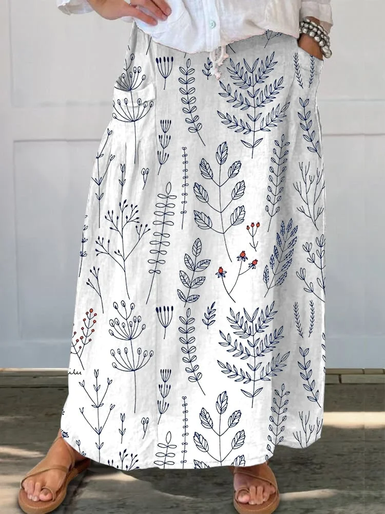 Women'S Retro Floral Art Print Casual Linen Pocket Skirt 