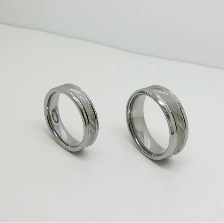 6MM 8MM Sliver Couple Tungsten Wedding Rings With Chamfered Grooves On Both Sides And Inclined Groove In The Middle