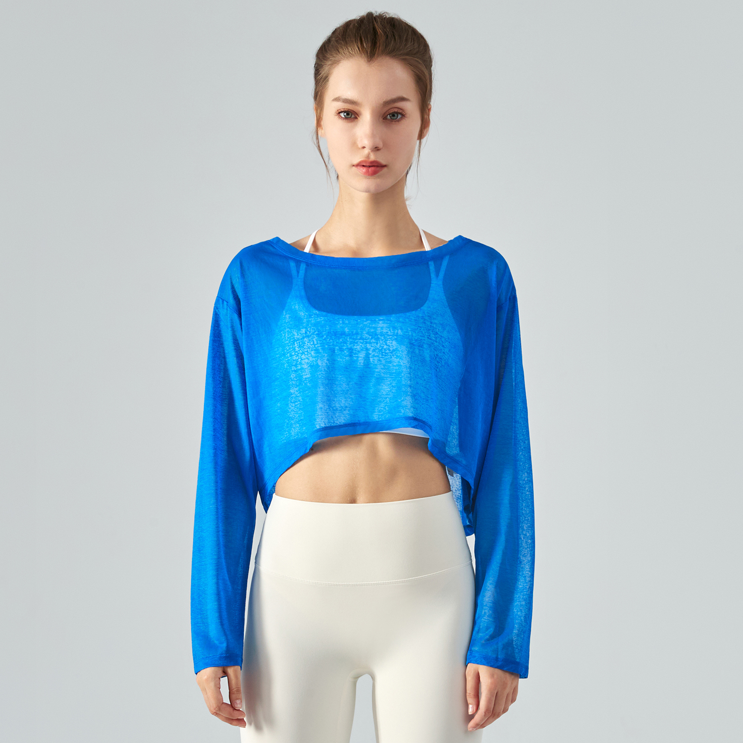 Hergymclothing Klein Blue women's polyester long sleeve breathable thin lightweight loose workout crop top for summer for sale