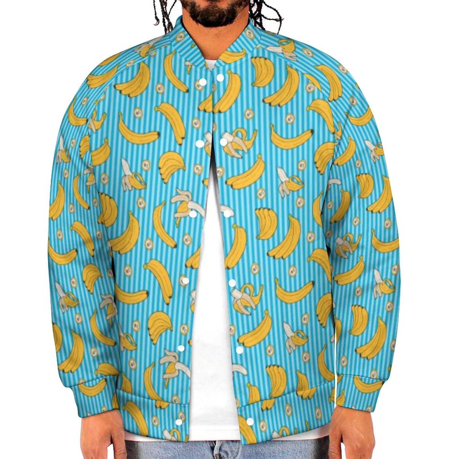 Banana Stripe Vector Pattern Turquoise Blue Sweatshirt Jacket Mens Casual Lightweight Button Up Bomber Jacket Outwear