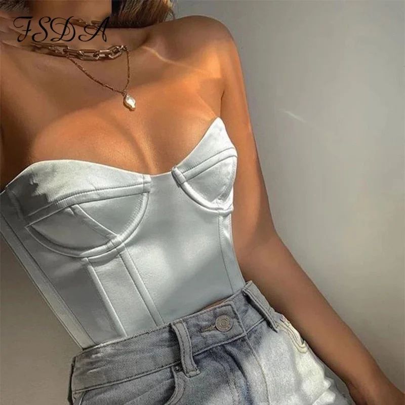 2022 Satin Corset Crop Top Strapless Green Summer Sexy Tube Off Shoulder Party Sleeveless Bustier Tank Tops Women