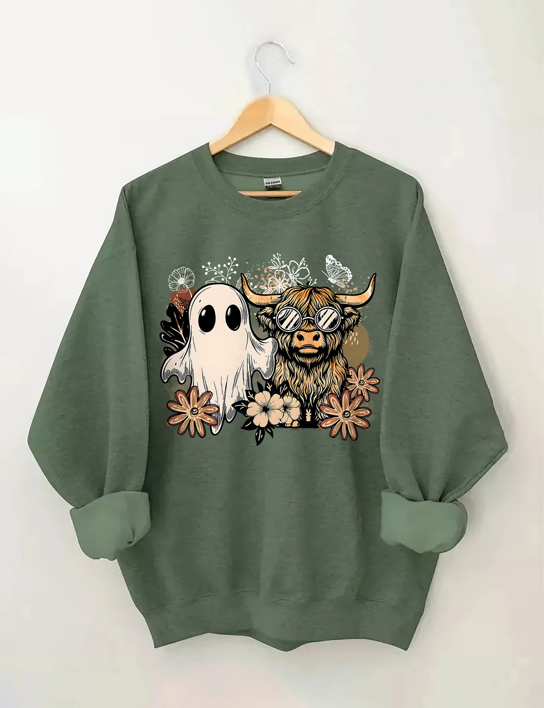Ghost And Highland Cow With Flowers Sweatshirt