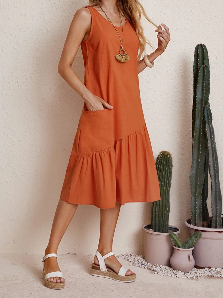 Women's Solid Color Pleated Cotton Linen Dress