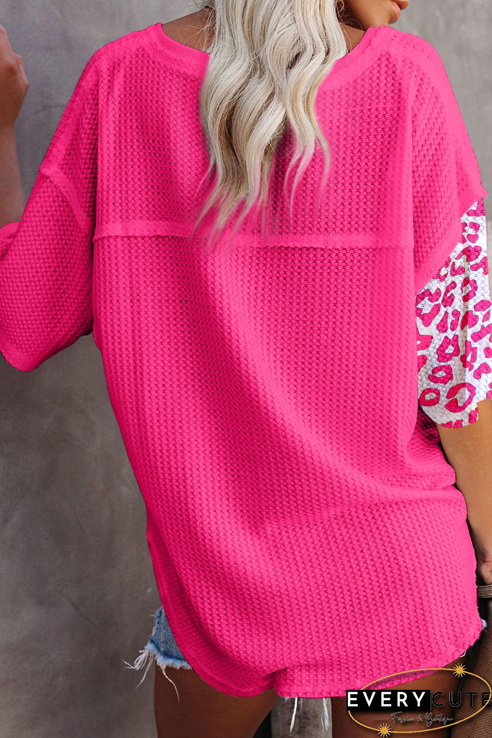Rose Waffle Knit Leopard Solid Contrasting Blouse