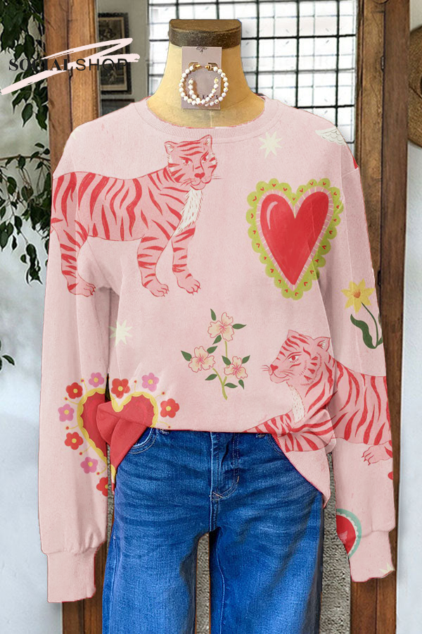Pink Tiger Heart Print Round Neck Long Sleeve Sweatshirt socialshop