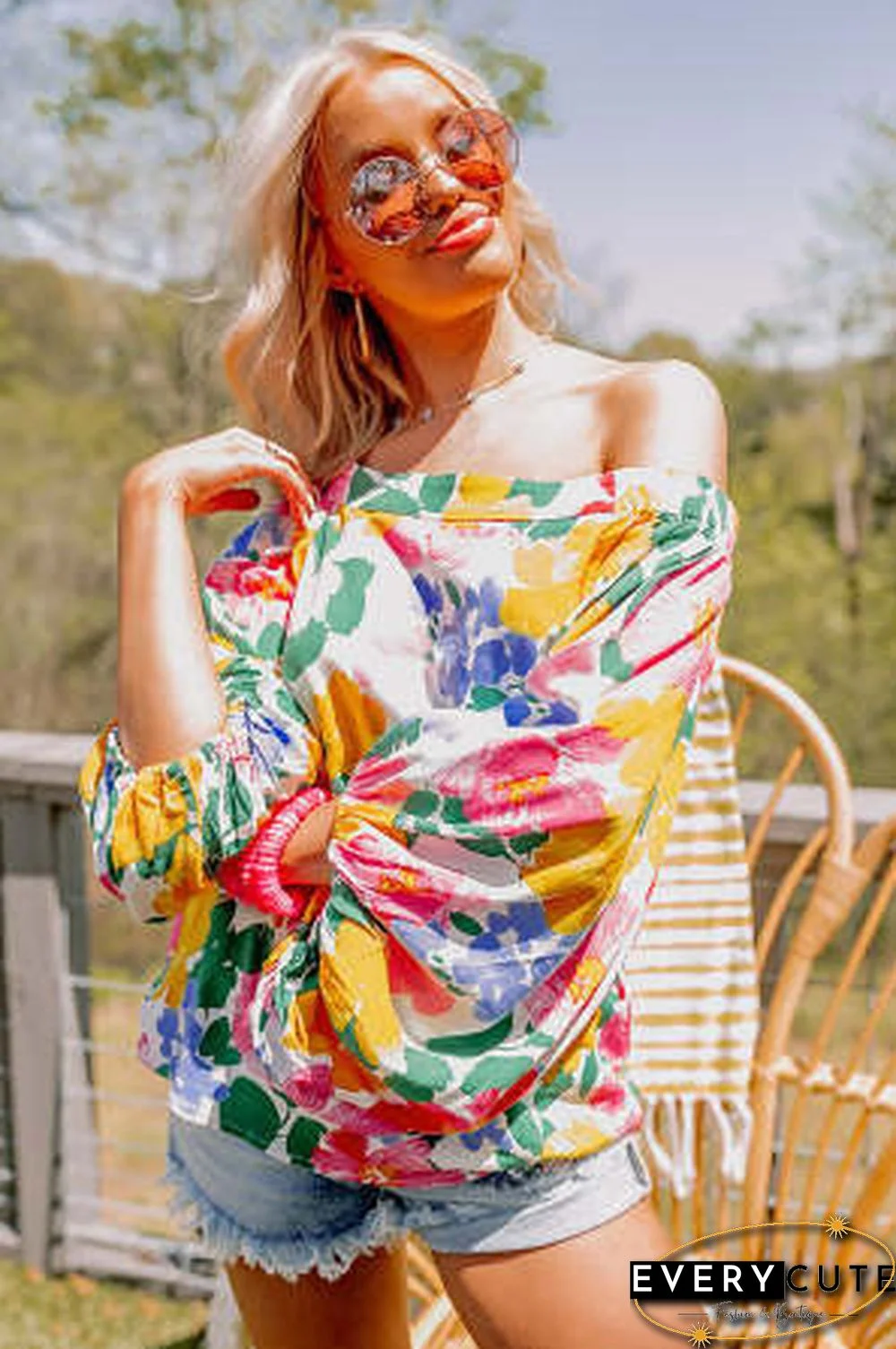 White Water Painting Flowers Sexy Off Shoulder Top
