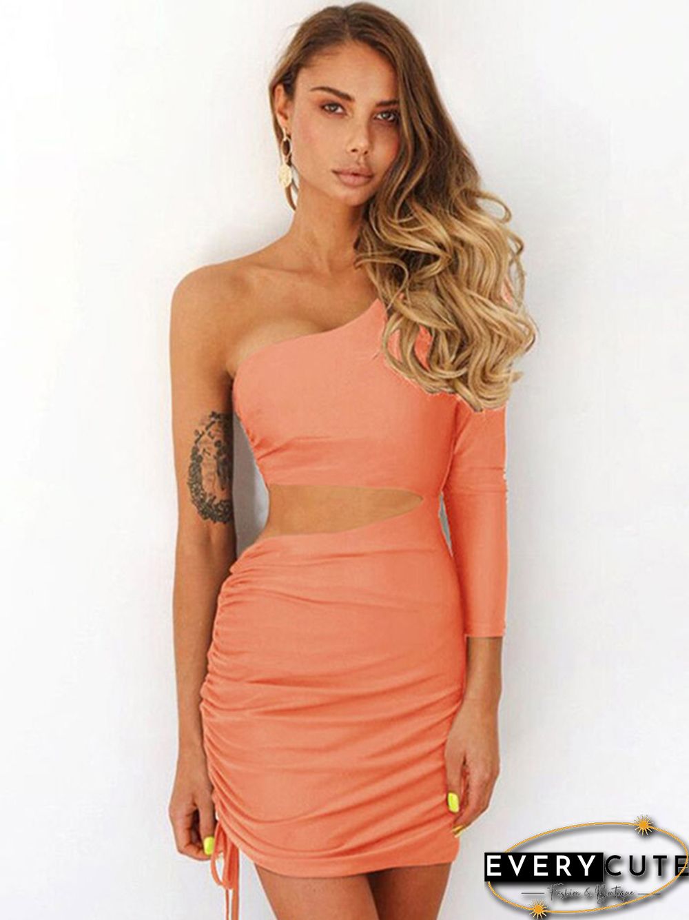 Fashion Fall One Shoulder Dress Women Sexy Ruched Waist Hollow Out Dresses Long Sleeve Vestido De Festa Longo