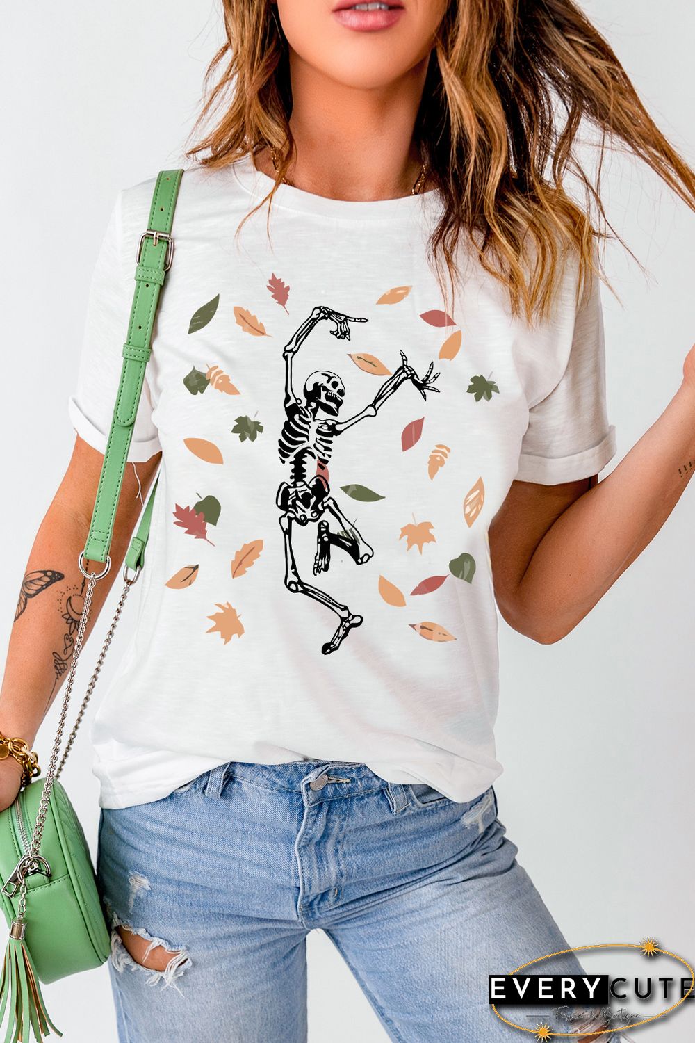 White Skeleton Leaves Graphic Print Short Sleeve T Shirt