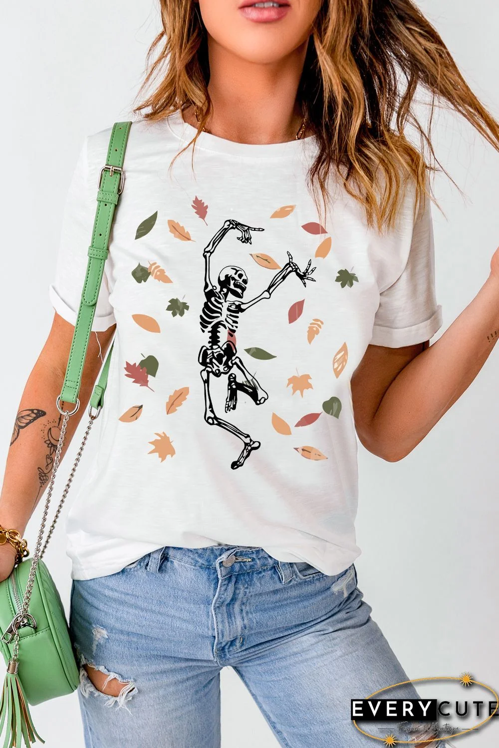 White Skeleton Leaves Graphic Print Short Sleeve T Shirt