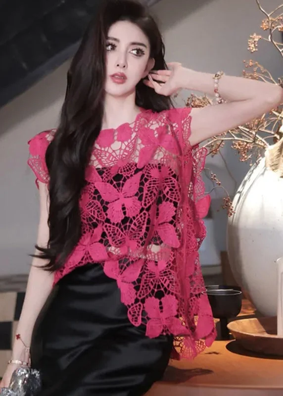 Beautiful Rose O-Neck Butterfly Hollow Out Lace Top Sleeveless