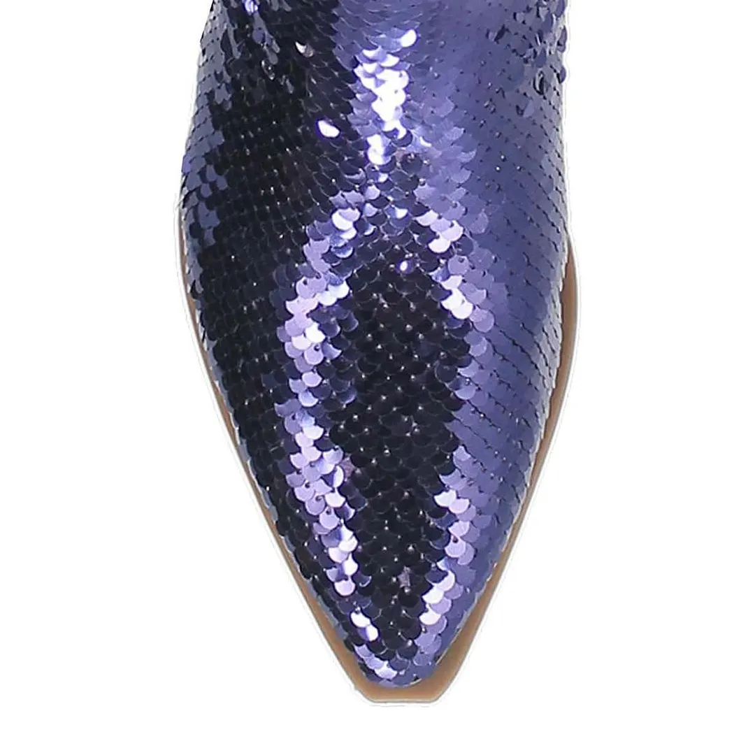 Purple Pointed Toe Side Zipper Short Western Boots with Sequin
