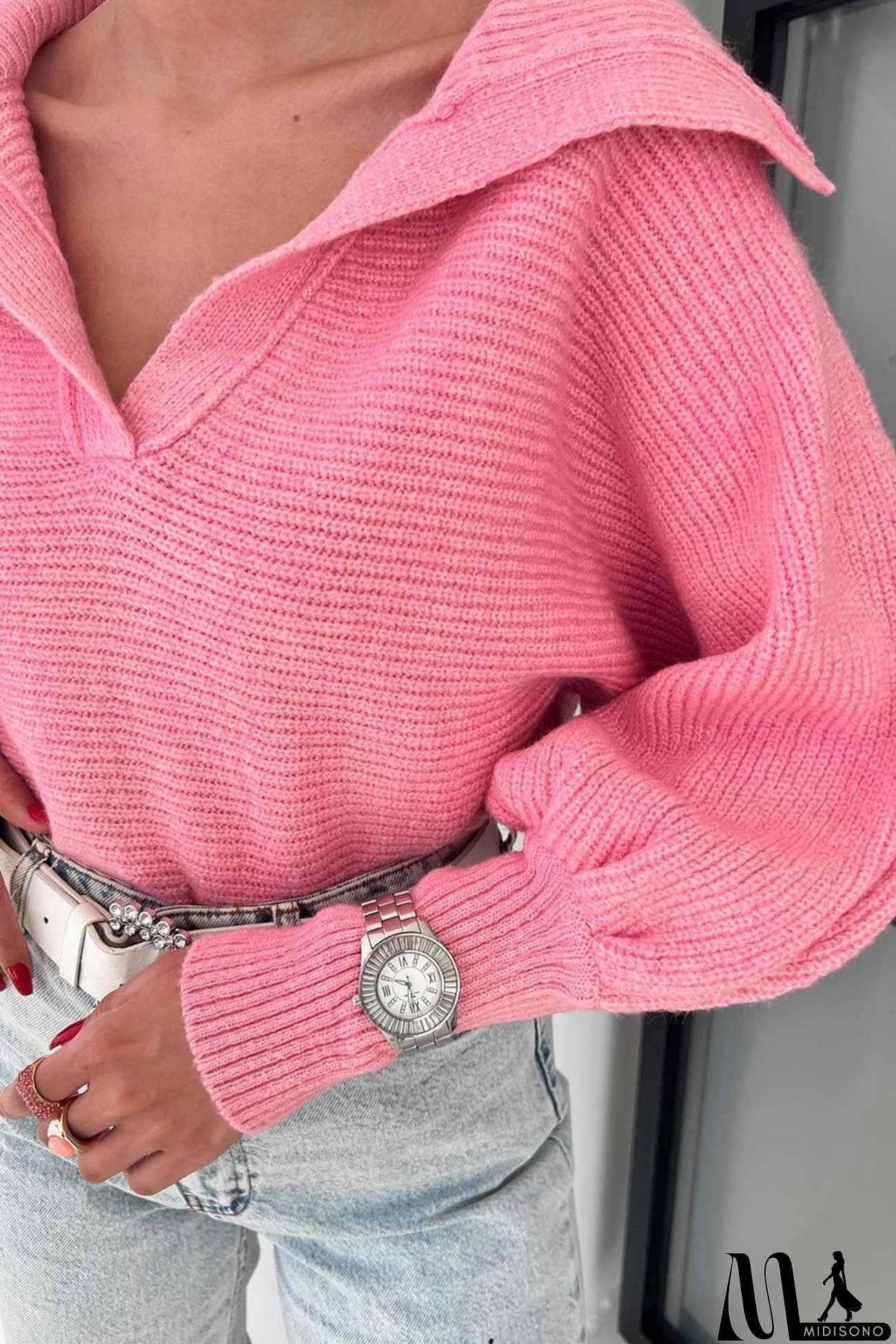 MidiSono - Lapel V Neck Puff Sleeve Sweater