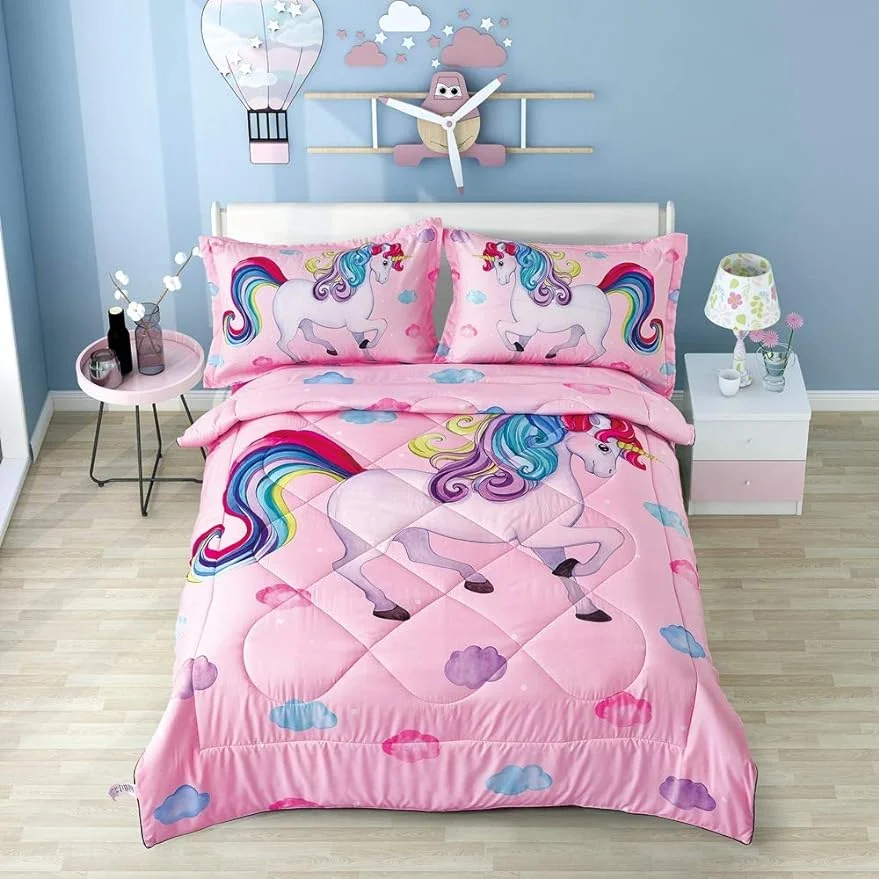 Unicorn Comforter Sets for Girls Queen Pink Bedding Set Rainbow Cloud Bed Set Unicorn Bed in A Bag for Teens and Adults All Season with Comforter, Fitted Sheet, Flat Sheet and 2 Pillowcases