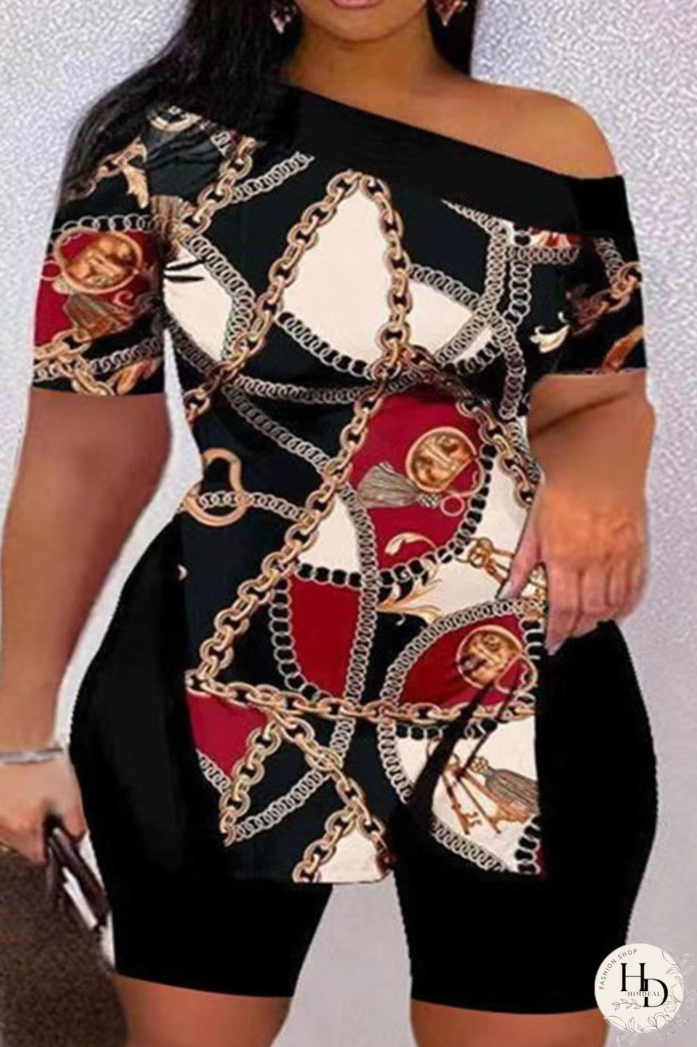 Black Red Casual Print Patchwork Slit Oblique Collar Plus Size Two Pieces