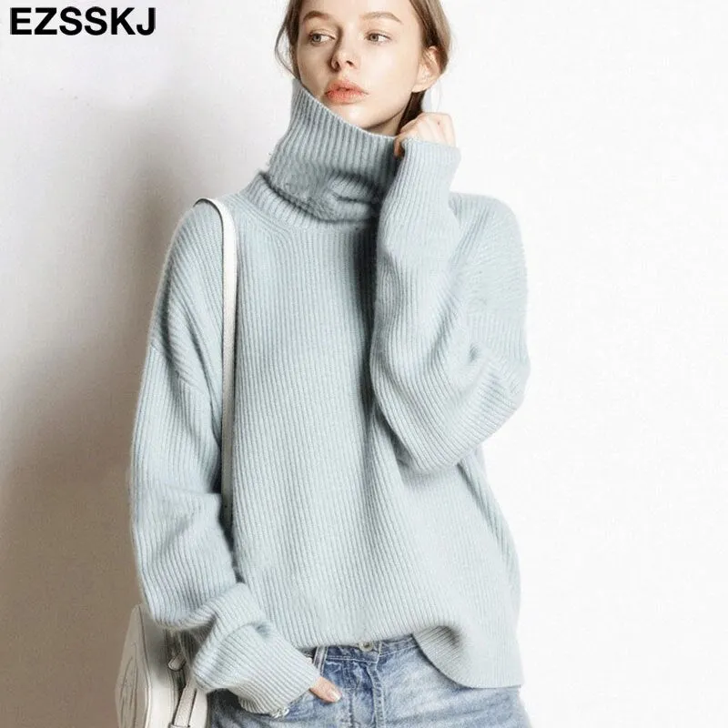 EZSSKJ Soft oversized Cashmere Sweaters Women 2021 puff sleeve Winter sweater Pullovers Loose Female  Warm Basic sweater Jumper
