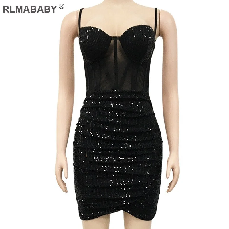 Sexy Night Club Party Sequin Mini Bodycon Dress Slim Low Neck Spaghetti Strap See Through Backless Women Blue Short Camis Dress