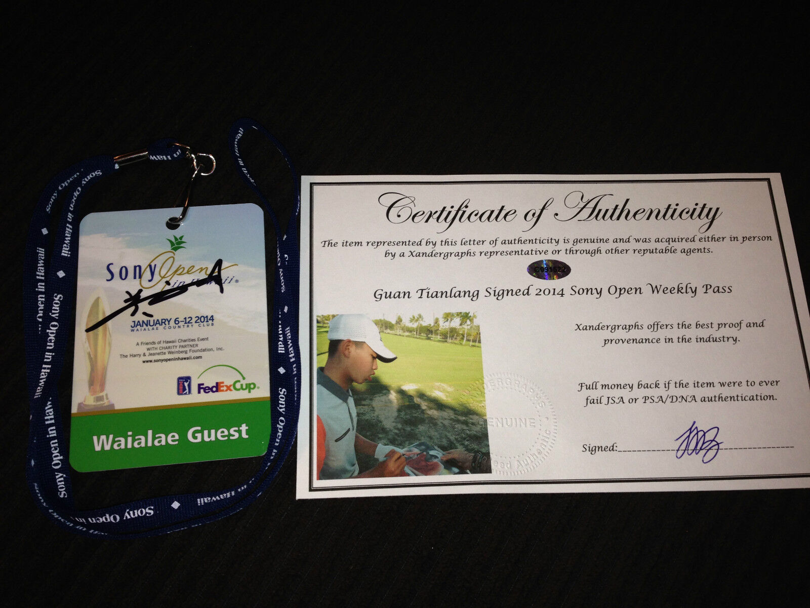 GUAN TIANLANG SIGNED AUTOGRAPHED SONY OPEN GOLF TICKET PASS-PROOF COA MASTERS