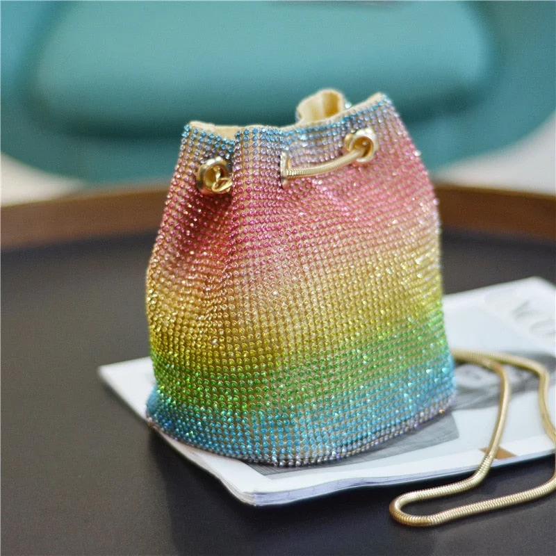 Crystal Bucket Bag for Women Multicolor Rhinestone rainbow Beaded Ladies Handbag New 2020 Luxury designer Shoulder Bag