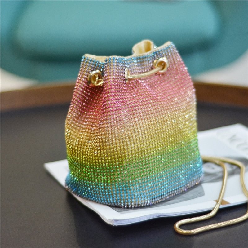 Crystal Bucket Bag for Women Multicolor Rhinestone rainbow Beaded Ladies Handbag New 2020 Luxury designer Shoulder Bag