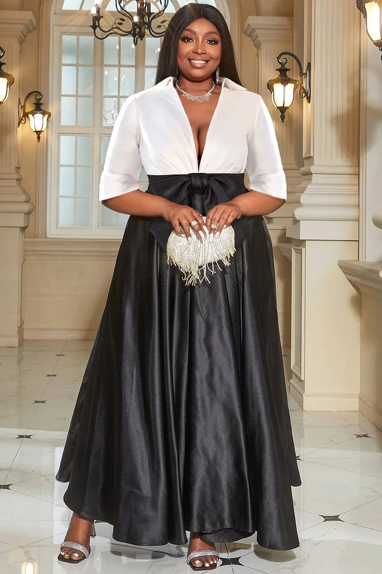 Xpluswear Design Plus Size Formal Maxi Dresses Elegant Black Patchwork Fall Winter Shirt Collar Half Sleeve Bow Tie Satin Maxi Dresses [Pre-Order]