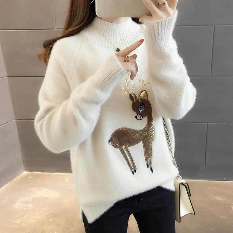 Embroidered Knitted Cartoon Long Sleeve Sweater QueenFunky