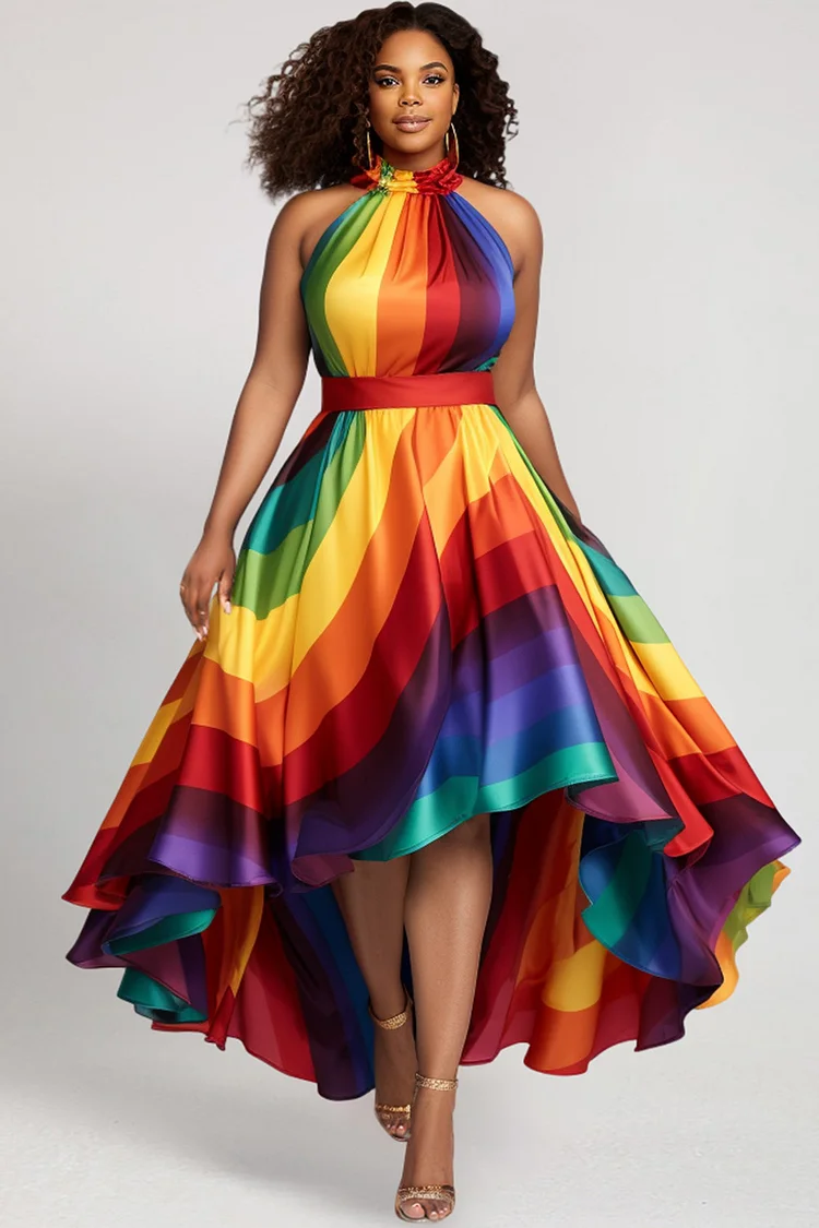 Xpluswear Design Plus Size Vacation Rainbow Sundress Colorblock Halter Collar High Low Hem Pleated Satin Midi Dresses [Pre-Order] 2024 - Xpluswear