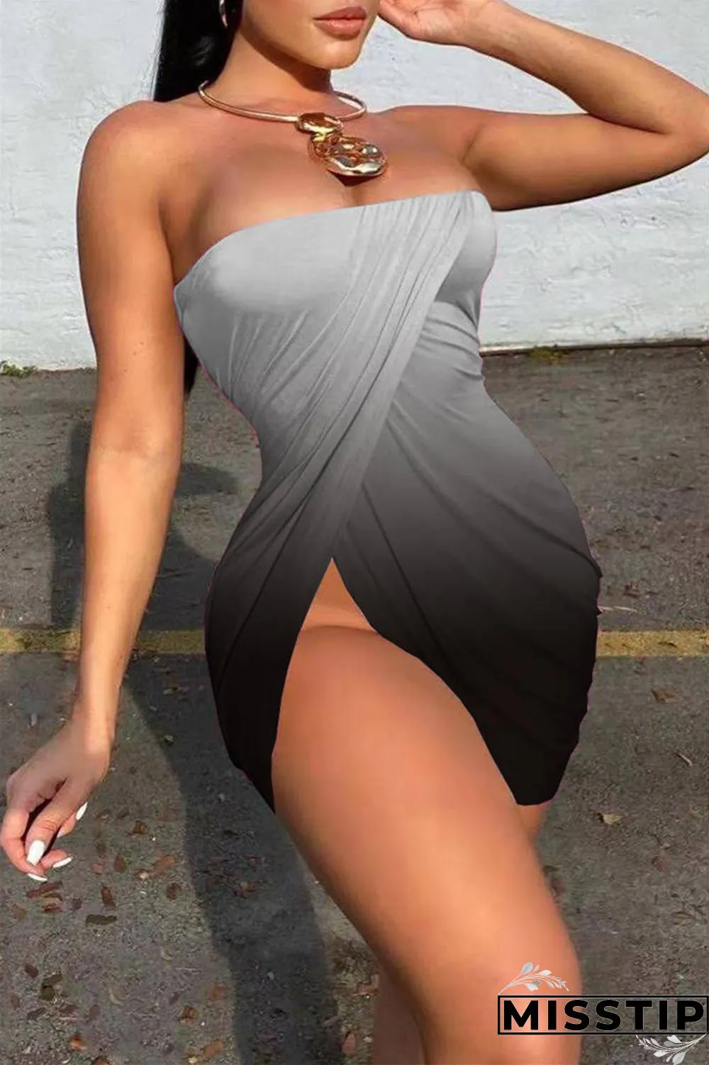 Colorful Blue Sexy Print Backless Asymmetrical Strapless Sleeveless Dress