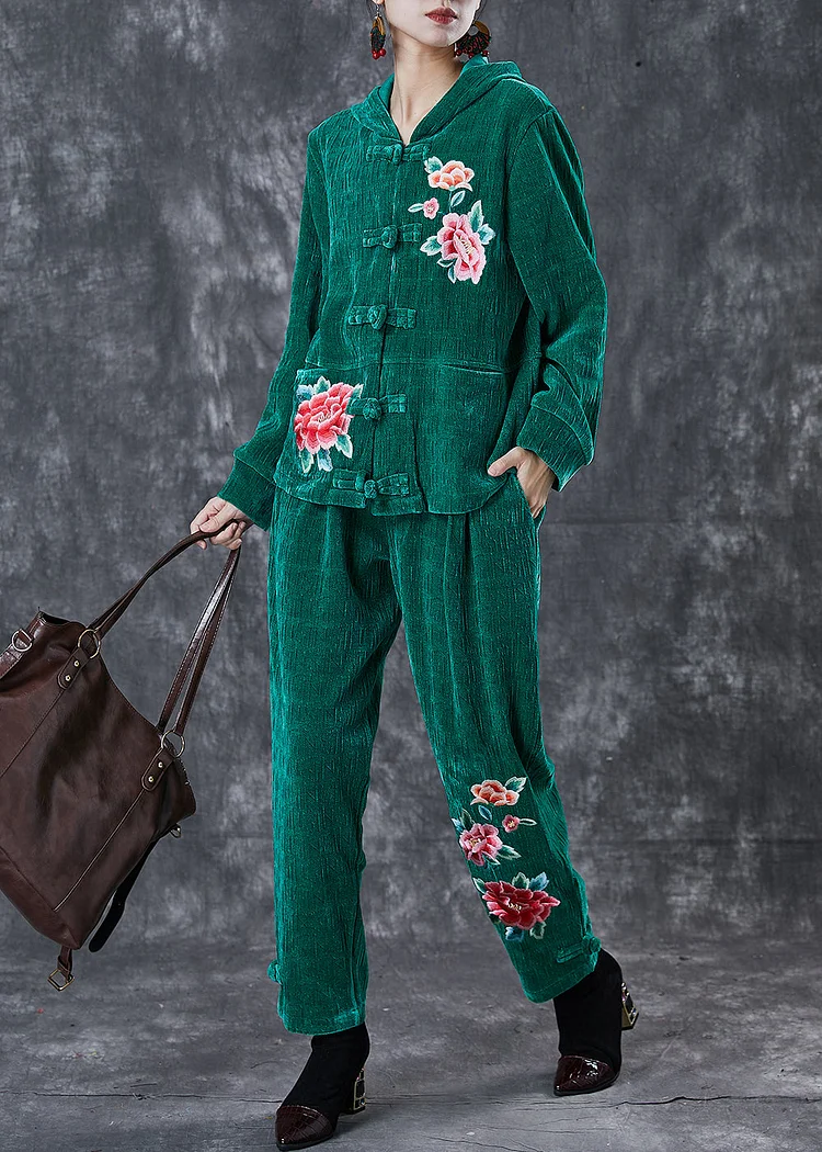 Art Green Embroideried Chinese Button Corduroy Two Piece Suit Set Spring